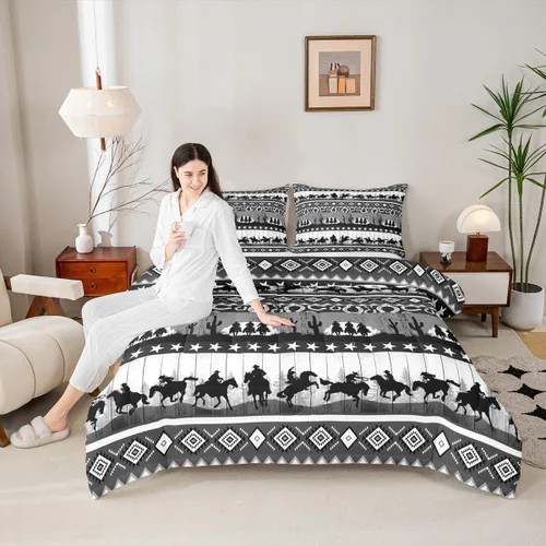 Vista 34 de Manfei Juego de edredón geométrico azteca, tamaño individual, juego de ropa de cama de cactus, vaquera occidental, decoración de habitación de niños