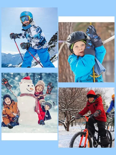 Vista 4 de 4 pares de guantes de invierno unisex para niños, impermeables, guantes de esquí para la nieve, guantes de esquí gruesos y cálidos para niños de 8 a