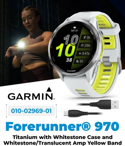 Vista 5 de Garmin Forerunner 955, reloj inteligente para correr con GPS, adaptado a triatletas, batería de larga duración, Whitestone con auriculares blancos