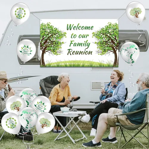 Vista 6 de Jiuguva 21 piezas de decoraciones de fiesta de reunión familiar 2026, bienvenidos a nuestro árbol familiar, pancartas de reunión de 70 x 43 y globos