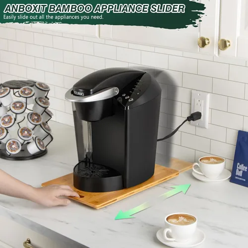 Vista 2 de ANBOXIT Deslizador de electrodomésticos, profundo, medio y profundo, pequeño, bandeja deslizante de bambú para cafetera, bandeja enrollable