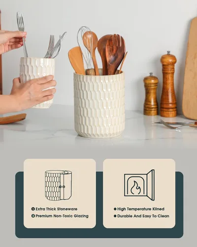 Vista 7 de Portautensilios, 7.3"+5.4" Portautensilios de Cerámica para Cocina para Encimera, Recipiente Grande para Utensilios de Cocina para Encimera de Beige