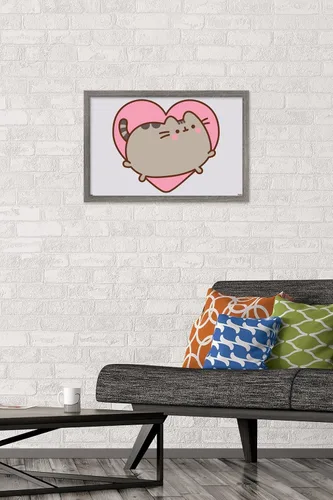 Vista 2 de Trends International Pusheen - Póster de pared de corazón, 22.4 pulgadas de largo x 14.7 pulgadas, versión enmarcada en madera de granero