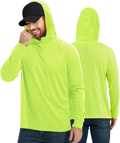Vista 3 de ProtectX Paquete de 2 sudaderas con capucha para hombre Hi Vis, ligera, larga, para el sol, con capucha Verde neón - Paquete de 2