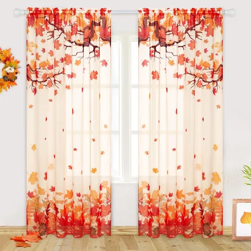 Vista 11 de FRAMICS - Cortinas traslúcidas de otoño para sala de estar, cortina de hojas de arce que caen, 2 paneles, cortinas de gasa semitransparentes