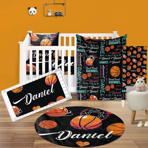Vista 9 de Juego de ropa de cama para cuna de bebé, 5 piezas, diseño de bolas y arco iris, manta de bebé con nombre personalizado, sábana bajera para cuna