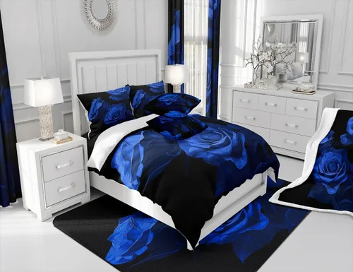 Vista 6 de jejeloiu Alfombra romántica de 4 x 5 pies con patrón de rosas azules románticas para sala de estar, dormitorio, día de San Valentín, alfombra