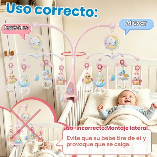Vista 6 de BOBXIN - Móvil para cuna para bebé niña con 150 música y proyector Timing, luz nocturna, sonajero y caja musical para llevar, control remoto, cuna