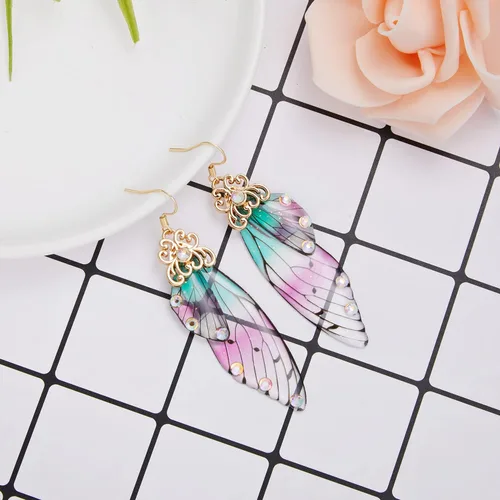 Vista 4 de BELLA-Bee - Aretes colgantes de alas de mariposa chapados en oro con cristal y diamantes de imitación, joyería para mujeres y niñas, joyería
