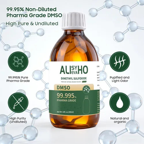 Vista 2 de DMSO 10 oz (pureza 99.995%) grado farmacéutico Sulfóxido de dimetilo, embalaje de botella de vidrio de 10 onzas