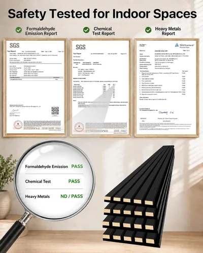 Vista 6 de Paneles de pared de listones de madera acústica, paquete de 4 unidades de Negro