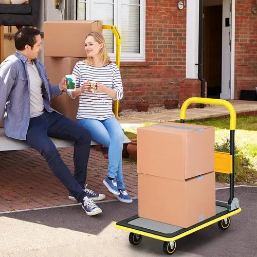 Vista 8 de Goplus Carrito de plataforma plegable, carrito de plataforma de mano con ruedas de 330 libras, carrito de mano para carga, amarillo