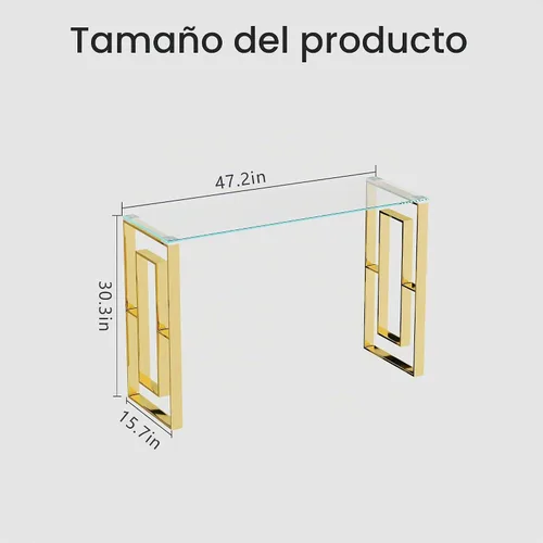 Vista 2 de SSLine Mesa consola de vidrio templado, mesa de sofá de cristal transparente con marco de acero inoxidable, mesas de entrada doradas para pasillo