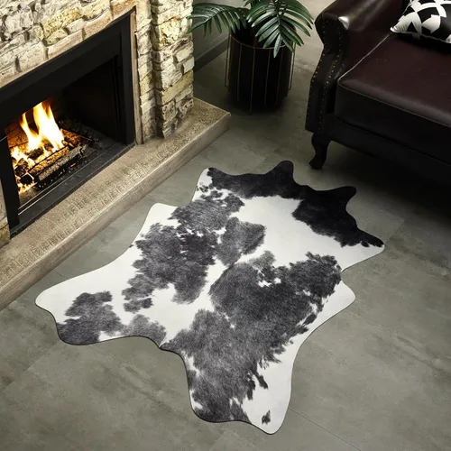 Vista 18 de Easycozy Alfombra de piel de vaca sintética con gran estampado de vaca, 3 x 4 pies, alfombra gruesa y elástica para dormitorio, sala de estar