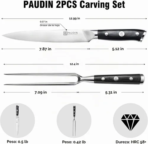 Vista 5 de Juego de cuchillo y tenedor de tallado PAUDIN - 8" Cuchillo de tallado de pavo de acero alemán y tenedor con mango ergonómico, de espiga completa