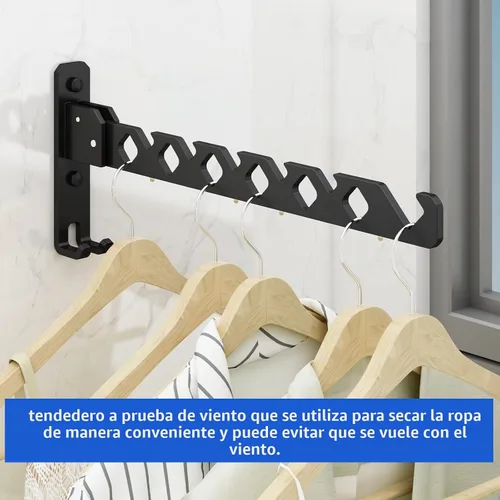 Vista 2 de Tendedero de Pared para Secar Ropa, Colgador de Ropa de Pared Plegable, Gancho Colgador de Lavandería para Baño, Perchero de Pared Interior Negro