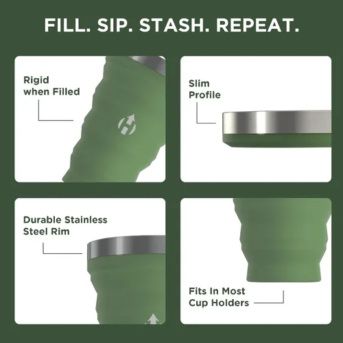 Vista 8 de HYDAWAY Pinta Plegable de 16 oz - Taza de Silicona Libre de BPA con Borde de Acero Inoxidable - Reutilizable, Empacable y Duradera para Acampar, Fern