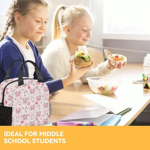 Vista 8 de Lonchera de cerdo – Lonchera aislada para niños – Bolsas de almuerzo rosadas lindas con bolsillos – Lonchera congelable mediana de 8L para la escuela