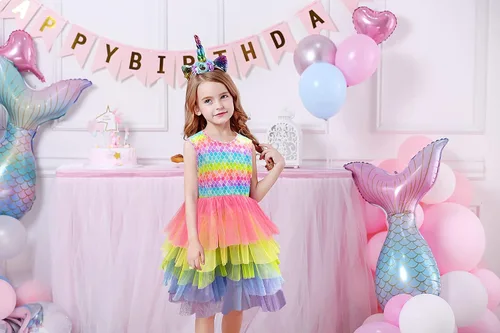 Vista 2 de VIKITA Vestidos de verano para niñas pequeñas, ropa de manga corta, vestidos de tutú de fiesta para niñas pequeñas, 2-8 años