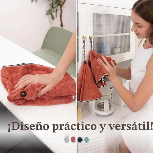 Vista 2 de myHomeBody Toallas de mano con bucles para colgar, ropa de limpieza de fibra de carbón absorbente con botón de cáscara de coco para cocina