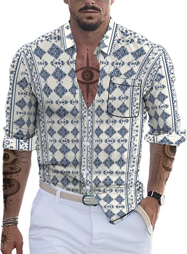 Vista 19 de domirica Camisa de manga larga con botones para hombre, étnica 2025, para verano, hawaiana, playa, casual, vintage, novedosa, ligera