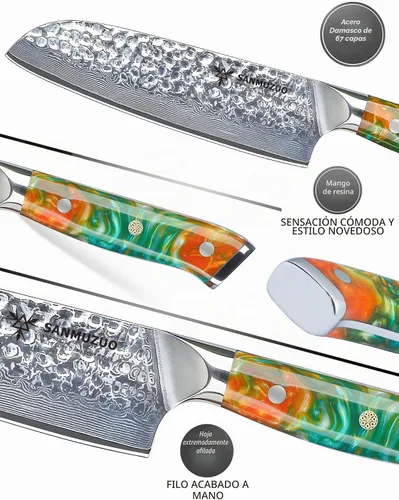 Vista 3 de Cuchillo Santoku de 7" - Cuchillo de chef japonés - Acero de Damasco martillado y mango de resina - Serie YAO
