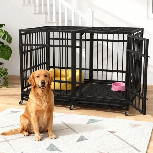 Vista 7 de Asee'm Jaula de perro resistente de 48 pulgadas con ruedas para perros grandes, jaula indestructible a prueba de escapes para perros de alta