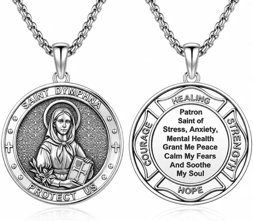 Vista 55 de Collar con colgante de amuleto de medalla de San de plata 10A-St Michael Oval