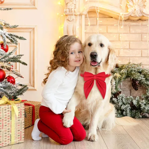 Vista 5 de Collar de perro de Navidad Malier con moño, collares de Navidad rojos clásicos para niñas y niños, collares de cachorro ajustables y lindos