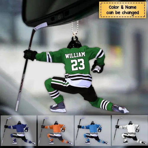 Vista 3 de NAZENTI Adorno personalizado de jugador de hockey, adorno navideño de hockey personalizado, adorno de auto de hockey personalizado plano, adorno