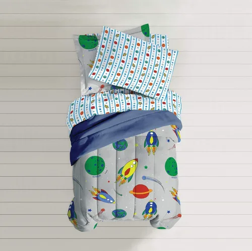Vista 95 de Dream Factory Dinosaur Blocks - Juego de edredón de microfibra ultrasuave para niños, color azul, tamaño individual Bloques de dinosaurios azules