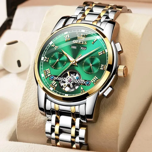 Vista 7 de OLEVS Reloj automático para hombre, cuerda automática, mecánica, de lujo, de acero inoxidable, multicalendario, impermeable, luminoso, reloj