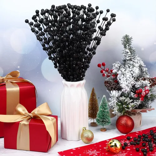 Vista 2 de Syhood 200 tallos de bayas con purpurina, 13.8 pulgadas, ramas de acebo para decoración de árbol de Navidad, adornos de vacaciones, decoración