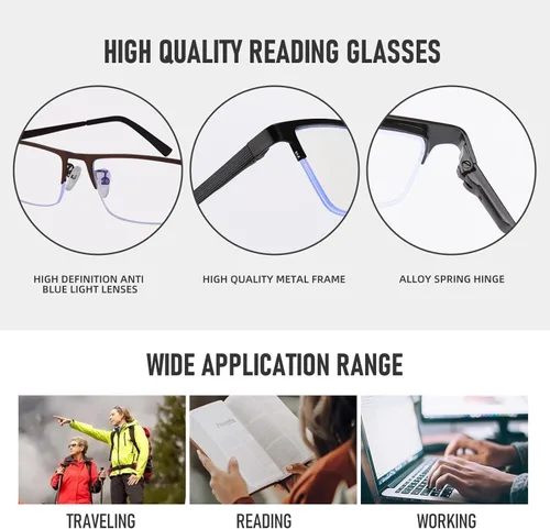 Vista 5 de Paquete de 3 lentes de lectura para hombre, ligeros marcos de metal con bloqueo de luz azul, filtro elegante para rayos UV/deslumbramiento de Negro