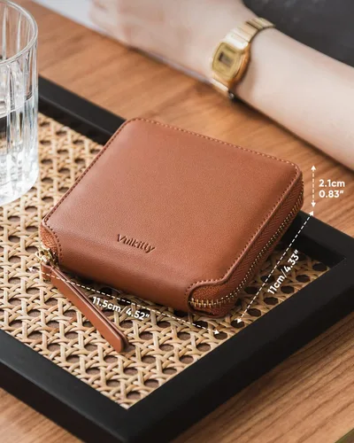 Vista 6 de Cartera de piel para mujer, con bloqueo RFID, plegable, delgada, para tarjetas de crédito, con bolsillo con cremallera, Marrón, Classic