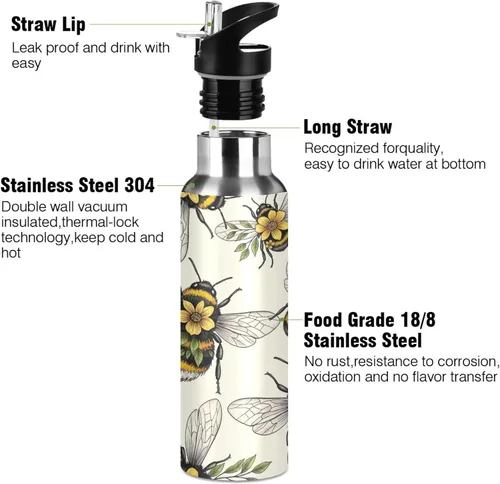 Vista 3 de Insulated Stainless Steel Water Bottle with Straw 20 Oz, Leakproof Water Bottles for Gym Outdoor Travel School, Yellow Flowers Leaves Wings
