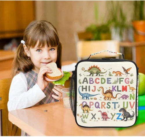 Vista 6 de Pfrewn Lonchera de dinosaurio, alfabetos con dinosaurios, bolsa de almuerzo aislada, reutilizable, enfriadora, bolsas de preparación de comidas