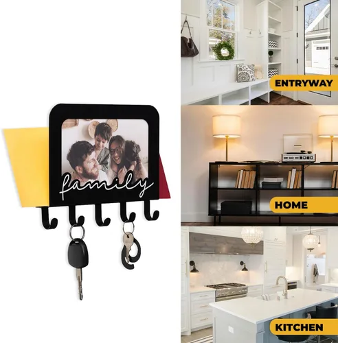 Vista 2 de GEGUTON Soporte para llaves montado en la pared con 5 ganchos, madera, negro, diseño Home Sweet Home, organiza llaves, mejora la decoración