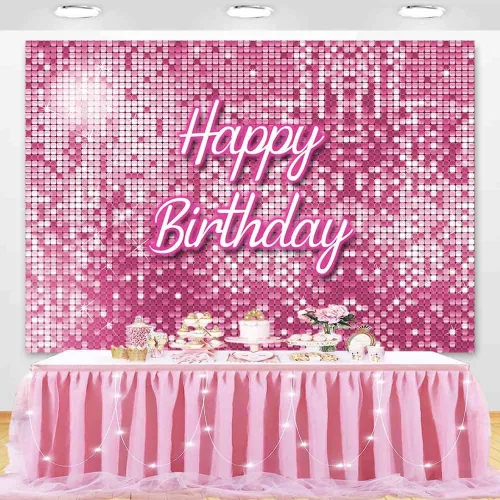 Vista 2 de Telón de fondo de cumpleaños cuadrado rosa con lentejuelas brillantes, paneles brillantes para fotografía de pared, fondo de fotografía de princesa