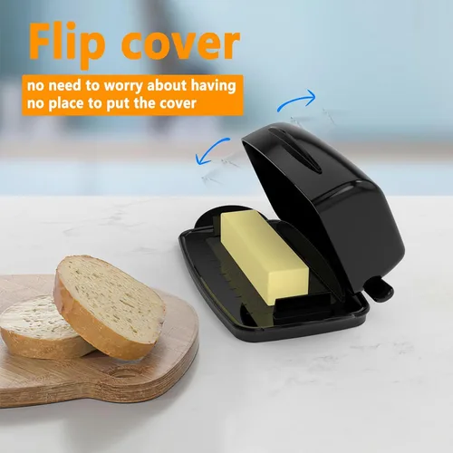 Vista 4 de Mantequilleras con tapa para encimera y refrigerador, plato de mantequilla de plástico transparente con tapa abatible y esparcidor, recipiente