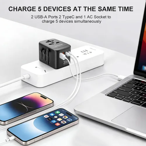 Vista 6 de Realmade Adaptador de viaje universal de 35 W con carga rápida PD, 5 puertos (1 AC/2 USB-A/2 USB-C) adaptador de enchufe de viaje europeo, tipo