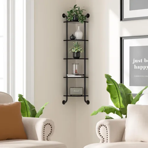 Vista 2 de Tinpin Estante esquinero de 5 niveles, estantes de pared para dormitorio, estantes de esquina colgantes para montaje en pared, estantes de tubería