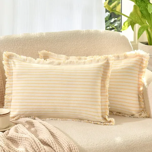 Vista 9 de Fundas de almohada ZWJD de 16 x 16 pulgadas, juego de 2 fundas de almohada a rayas con borlas, fundas de almohada de algodón chic, fundas de cojín