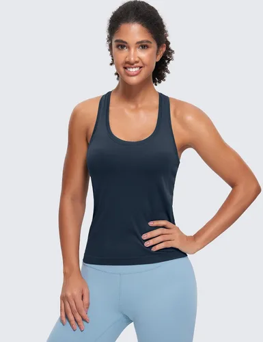 Vista 2 de CRZ YOGA Camiseta sin mangas sin costuras para mujer, espalda cruzada, sin mangas, para entrenamiento, atlética, cuello redondo, para correr, yoga