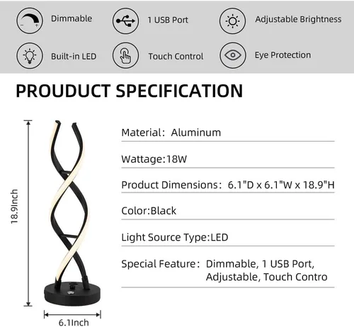 Vista 2 de Lámpara de mesa LED moderna, lámparas de mesa en espiral regulables para dormitorio, 3 colores con control táctil, lámpara de mesita de noche con 1