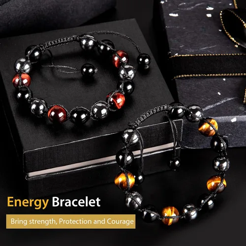 Vista 4 de SAMXY Triple Protection Bracelet, 8mm Healing Crystal Bead Bracelet, 3pcs Blue Red Tiger's Eye Obsidian Hematite Bracelet Women Men
