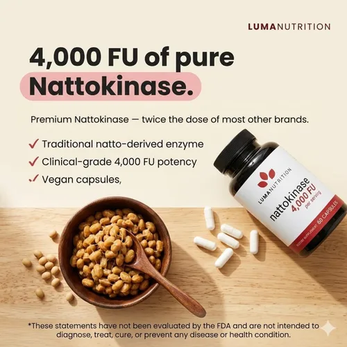 Vista 4 de Luma Nutrition Suplemento de Nattokinase - Natto 4000 FU por porción, soporte premium para la salud del corazón - Vegano y sin gluten - 60 cápsulas