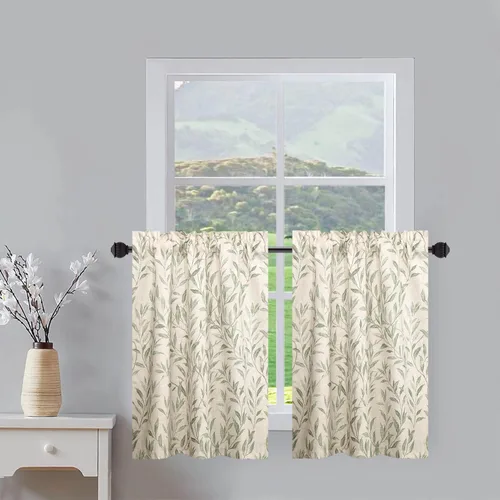 Vista 33 de VOGOL Cortinas con estampado de pájaros campestres, 30 x 24 pulgadas, 2 paneles, beige Linen Look Texture, Decorative Small Window Treatment