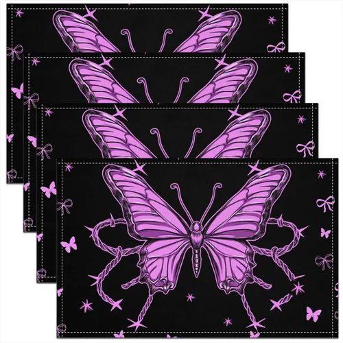 Vista 11 de Juego de 4 manteles individuales con diseño de mariposas y animales voladores de noche de ensueño de 12 x 18 pulgadas para mesa de cocina, tapetes