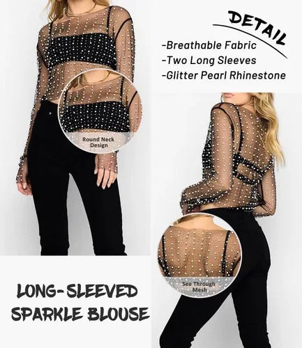 Vista 4 de Blusa corta de malla transparente para mujer, con diamantes de imitación brillantes, manga larga